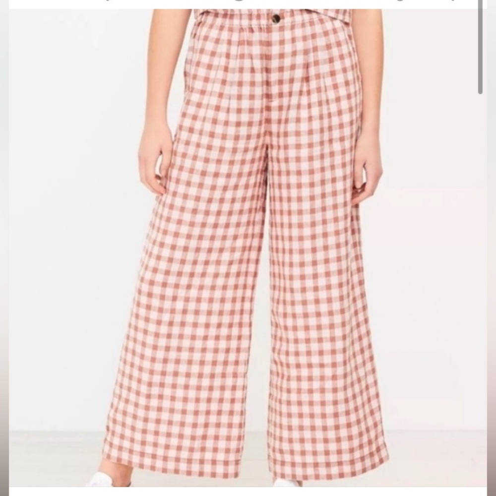 LOU & GREY Wide Leg Gingham Trousers S Pink+Brown 100% Linen check Pull On Pants